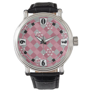 Grijs en roze geruit met kamillebloemen horloge