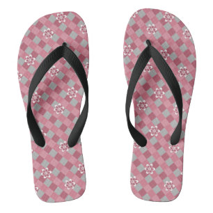 Grijs en roze geruit met kamillebloemen teenslippers