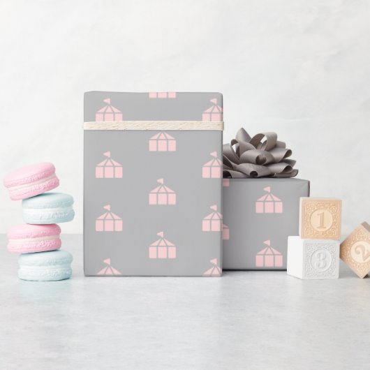 Grijs en roze inpakpapier met circustenten (Baby Shower)