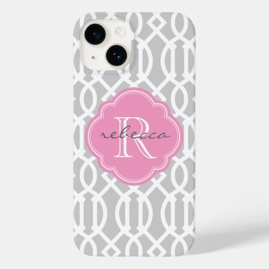 Grijs en Roze Modern Trellis Custom Monogram Case-Mate iPhone Case (Achterkant)