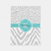 Grijs en Turquoise Dierenprint Custom Monogram Fleece Deken (Voorkant)