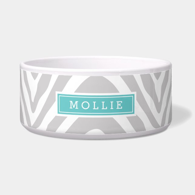 Grijs en Turquoise Zebra Print Monogram Voerbakje (Voorkant)