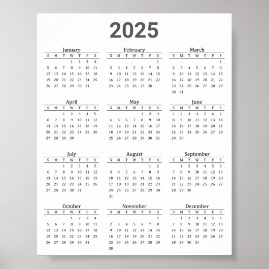 Grijs en wit 2025 jaar in een oogopslag poster (Voorkant)