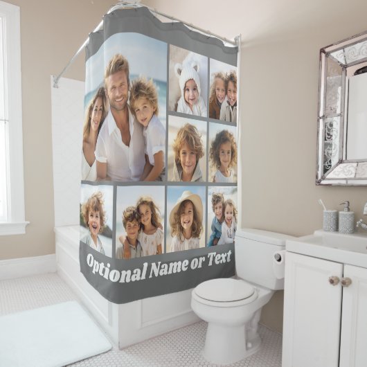 Grijs en Wit 9 Fotocollage met Monogram Douchegordijn (In situ)