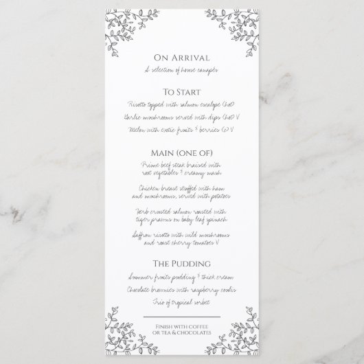 Grijs en wit blad tekening monogram bruiloft menu (Achterkant)