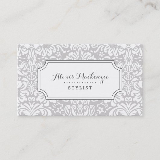 Grijs en Wit Bloemen Damask Visitekaartje (Voorkant)