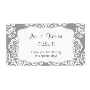 Grijs en wit Damask Water Bottle - pas het aan! Etiket