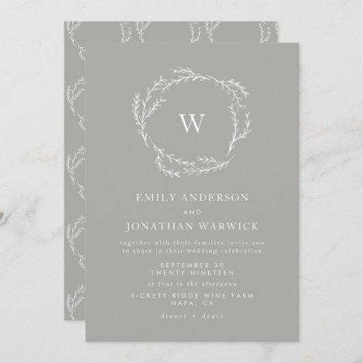 Grijs en Wit Eenvoudig Wreath Weddenschap Kaart (Voorkant / Achterkant)