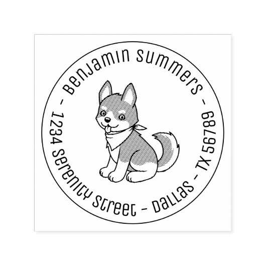 Grijs en Wit Eierige Puppy Dog Ronde Adres Zelfinktende Stempel (Design)