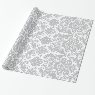 Grijs en wit Elegant Damask Patroon Cadeaupapier