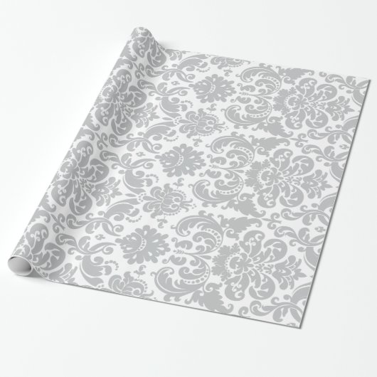 Grijs en wit Elegant Damask Patroon Cadeaupapier (Uitgerold)