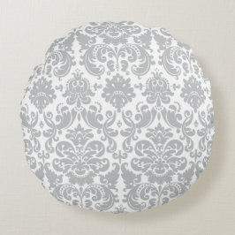 Grijs en wit Elegant Damask Patroon Rond Kussen