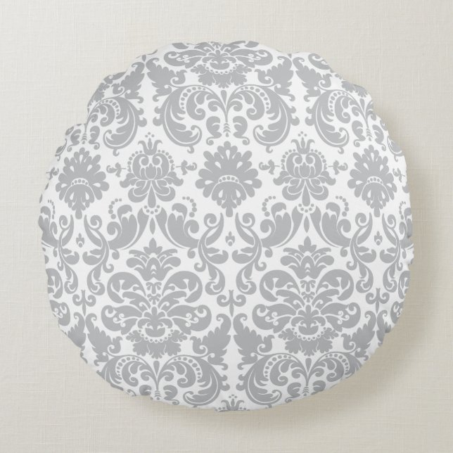 Grijs en wit Elegant Damask Patroon Rond Kussen (Voorkant)