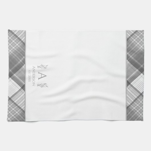 Grijs en wit Geplaagd gepersonaliseerde naam Monog Theedoek (Horizontaal)