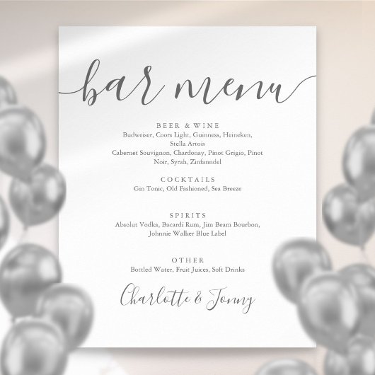Grijs En Wit Handtekening Script Bar Menu Bord Poster