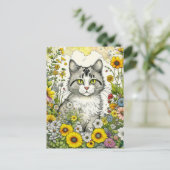 Grijs en Wit Kitty Kat Zittend in Bloemen Briefkaart (Staand voorkant)