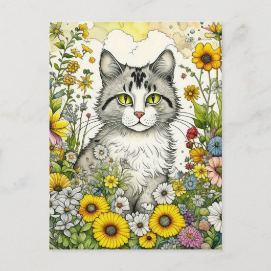 Grijs en Wit Kitty Kat Zittend in Bloemen Briefkaart (Voorkant)