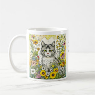 Grijs en Wit Kitty Kat Zittend in Bloemen Koffiemok