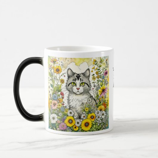 Grijs en Wit Kitty Kat Zittend in Bloemen Magische Mok (Links)