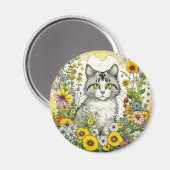 Grijs en Wit Kitty Kat Zittend in Bloemen Magneet (Voorkant / Achterkant)