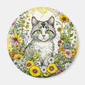 Grijs en Wit Kitty Kat Zittend in Bloemen Magneet (Voorkant)
