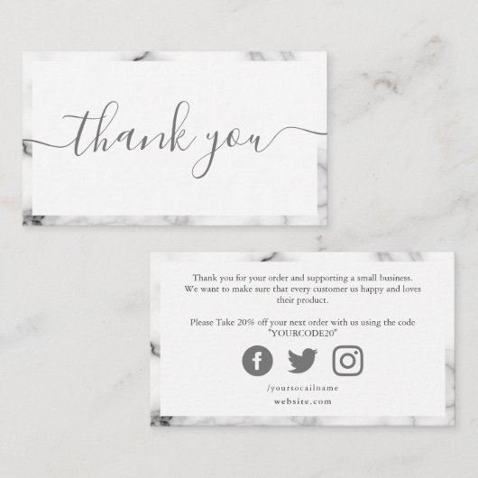 Grijs en wit marmer effect, klantendank u informatiekaartje (Voorkant / Achterkant)