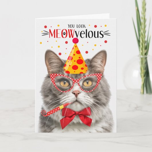 Grijs en Wit Marmeren Kat MEOWvelous Verjaardag Kaart (Voorkant)