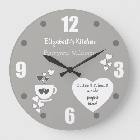 Grijs en wit met een naam koffiebeker en hart grote klok (Voorkant)