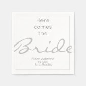 Grijs en wit Vrijgezellenfeest, hier komt de bruid Servet (Voorkant)