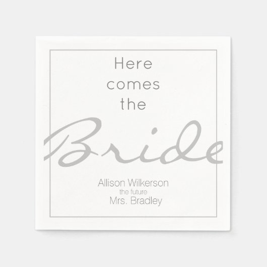 Grijs en wit Vrijgezellenfeest, hier komt de bruid Servet (Voorkant)