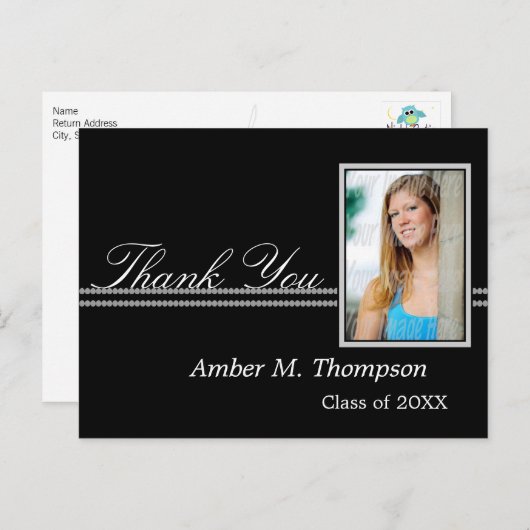 Grijs en zwart Afstuderen Dank u Foto Briefkaart (Voorkant / Achterkant)