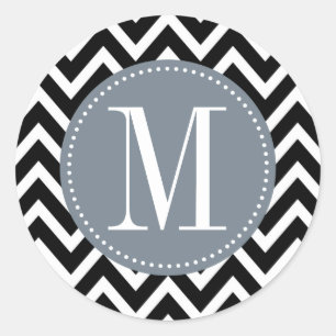 Grijs en zwart Chevron Aangepast monogram Ronde Sticker