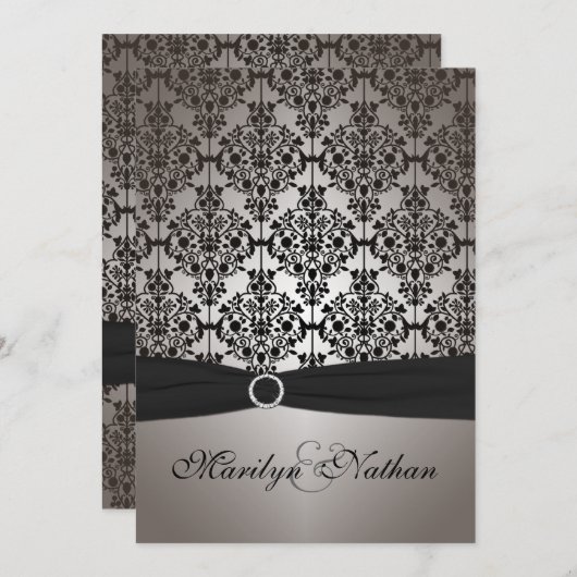Grijs en Zwart Damast bruiloft uitnodiging (Voorkant / Achterkant)