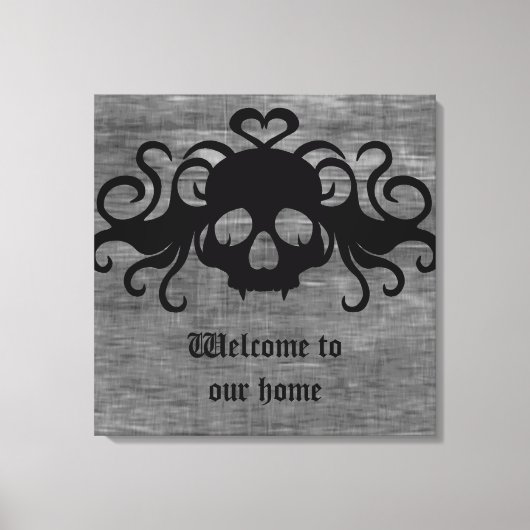 Grijs en zwart gothic fanged vampier schedel canvas afdruk (Voorkant)