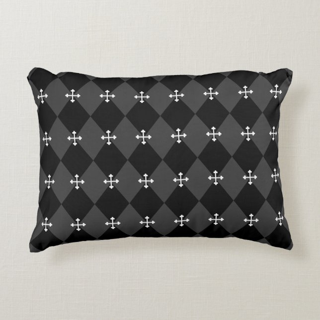 Grijs en zwart Harlequin-ontwerp met Gothic Cross Accent Kussen (Voorkant)