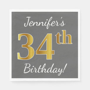 Grijs, Faux Gold 34th Birthday + Eigen naam Servet