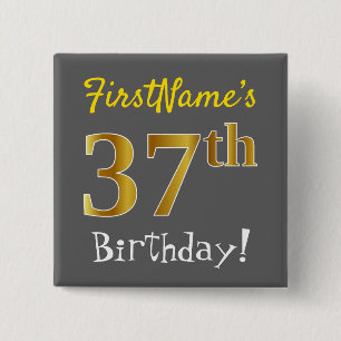 Grijs, Faux Gold 37th Birthday, met aangepaste naa Vierkante Button 5,1 Cm