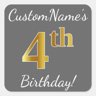 Grijs, Faux Gold 4th Birthday + Eigen naam Sticker