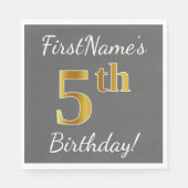 Grijs, Faux Gold 5th Birthday + Eigen naam Servetten (Voorkant)