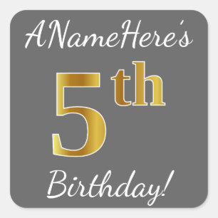 Grijs, Faux Gold 5th Birthday + Eigen naam Sticker