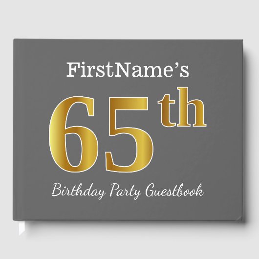 Grijs, Faux Gold 65th Birthday Party + Aangepaste Gastenboek (Voorkant)
