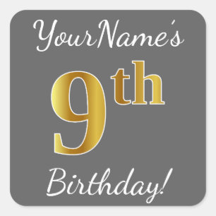 Grijs, Faux Gold 9th Birthday + Eigen naam Sticker