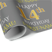Grijs, Faux Gold "HAPPY 14th BIRTHDAY" Cadeaupapier (Rol Hoek)