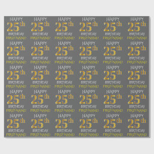 Grijs, Faux Gold "HAPPY 25th BIRTHDAY" Cadeaupapier