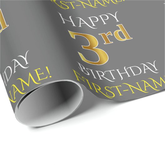 Grijs, Faux Gold "HAPPY 3rd BIRTHDAY" Cadeaupapier (Rol Hoek)