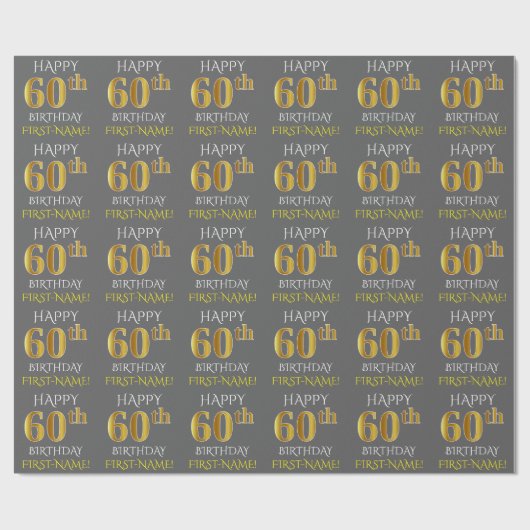 Grijs, Faux Gold "HAPPY 60th BIRTHDAY" Cadeaupapier (Vlak)