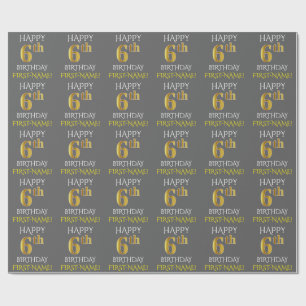 Grijs Faux Gold "HAPPY 6th BIRTHDAY" Cadeaupapier
