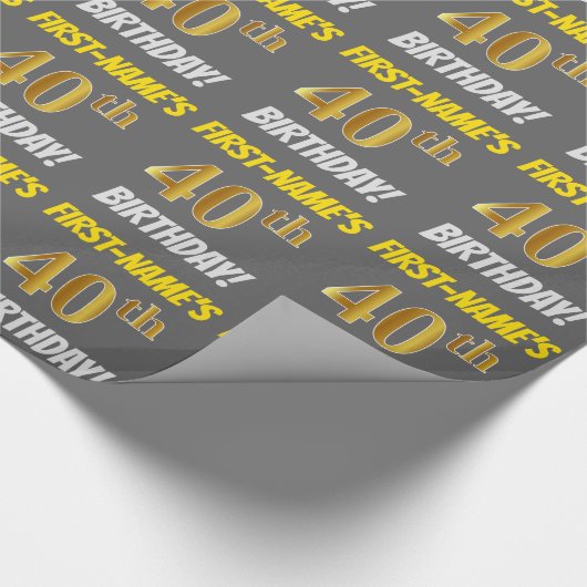 Grijs, Faux/Imitatie Goud, "40e VERJAARDAG" Cadeaupapier (Hoek)