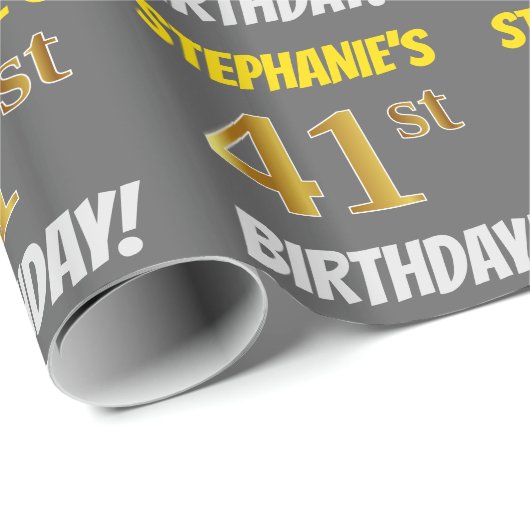 Grijs, Faux/Imitation Gold, "41st BIRTHDAY" Cadeaupapier (Rol Hoek)