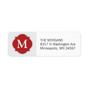 Grijs & Firebrick Modern Chevron Custom Monogram Etiket